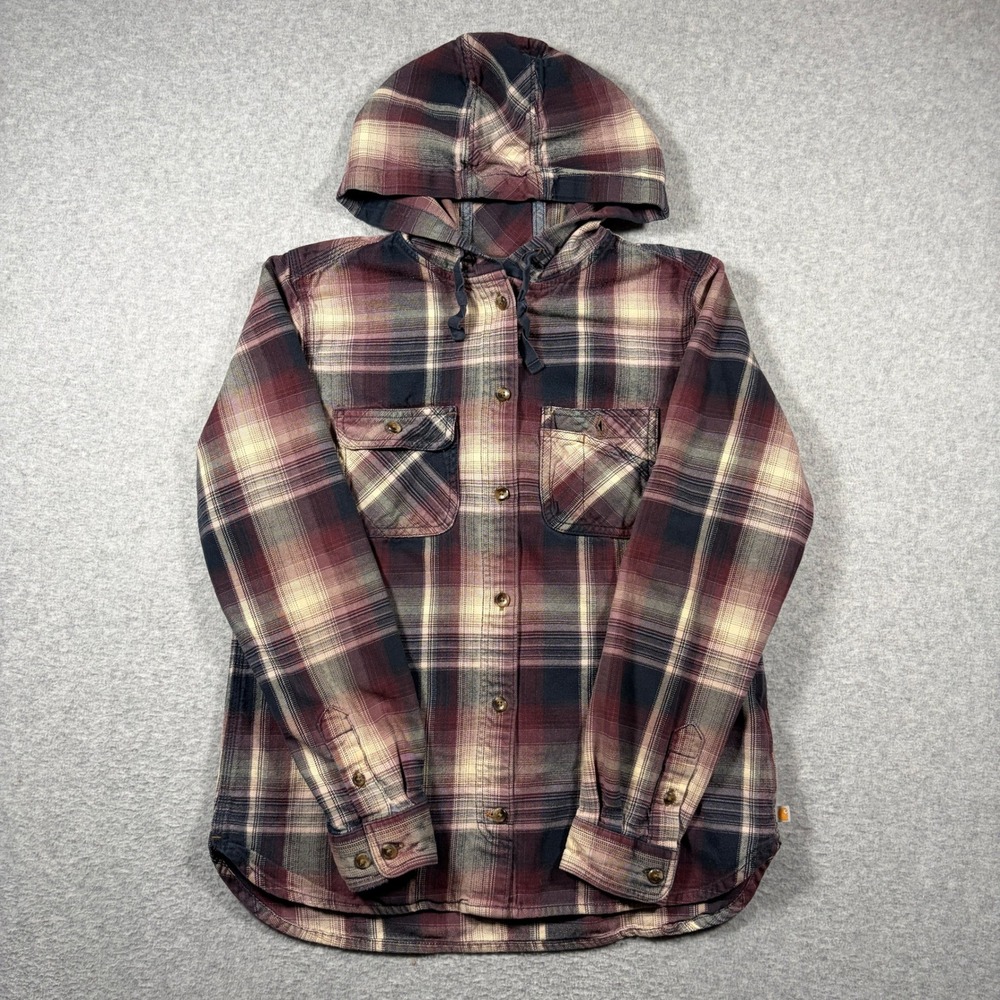 Carhartt Beartooth Hooded Flannel Shirt Women Small Plaid Button Front 103235